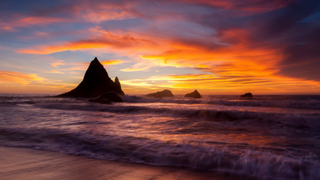 Sunset beach waves rocks ocean free wallpaper - medium preview image