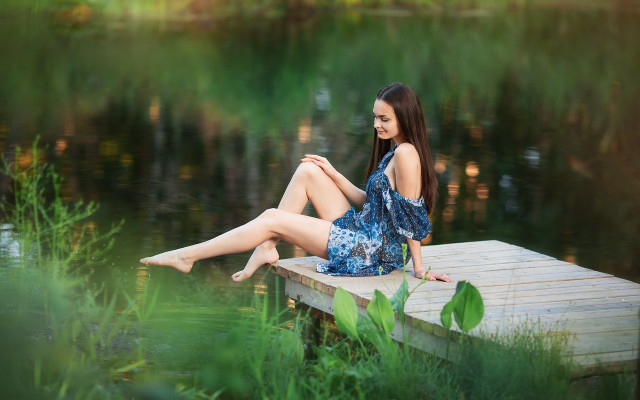 Woman dock lake blue dress #2 free wallpaper - medium preview image