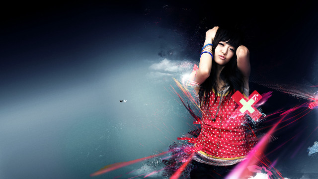 Woman redshirt cross bluebackground abstract free wallpaper for desktop - medium preview image