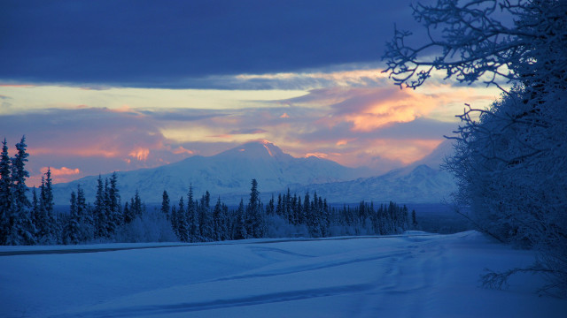 Snowy road mountain sunset pink free wallpaper - medium preview image