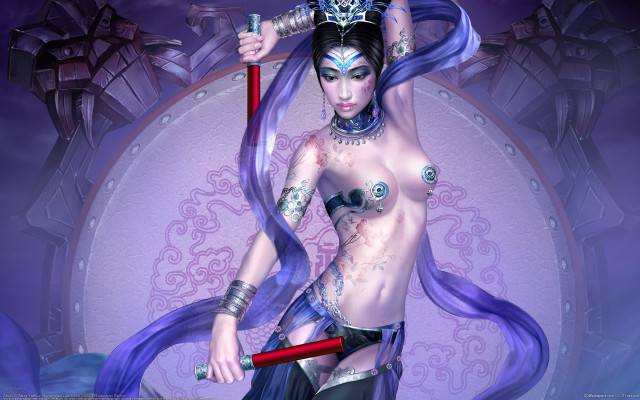 Warrior woman sword purple background free wallpaper - medium preview image