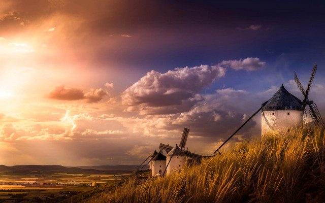 Windmill hill sunset clouds sunbeam free wallpaper - medium preview image