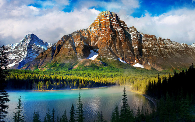 Mountain lake trees clouds landscape free wallpaper - medium preview image