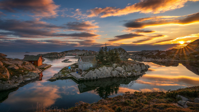 Island house lake sunset colorful free wallpaper - medium preview image