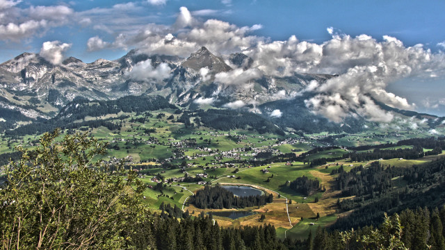 Mountain lake town clouds cityscape free wallpaper - medium preview image