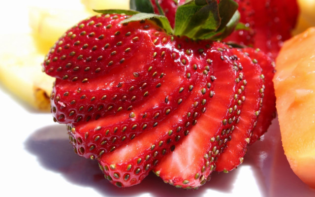 Strawberry banana closeup food photorealism free wallpaper - medium preview image