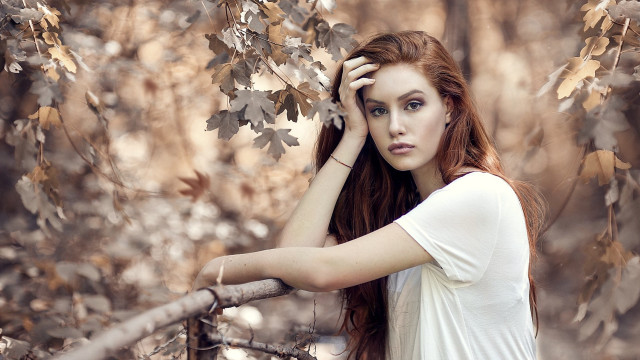 Woman red hair woods leaves free wallpaper - medium preview image