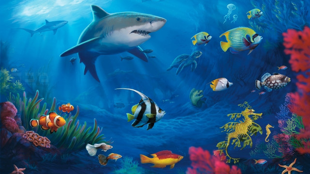 Shark corals fantasy ocean bubble free wallpaper - medium preview image