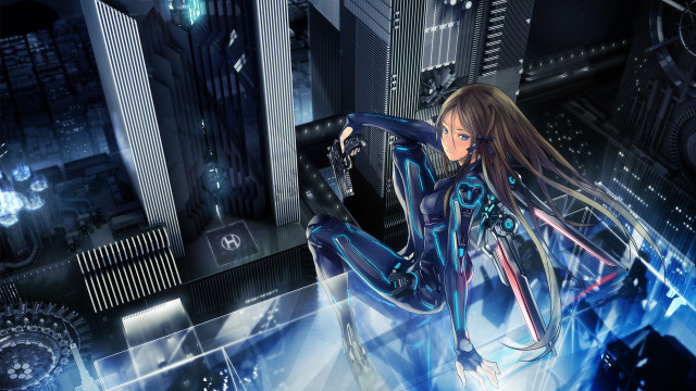 Futuristic woman city clocktower holography free wallpaper - medium preview image