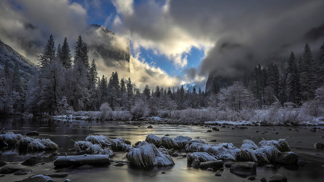 River snow covered trees cloudy free wallpaper - medium preview image