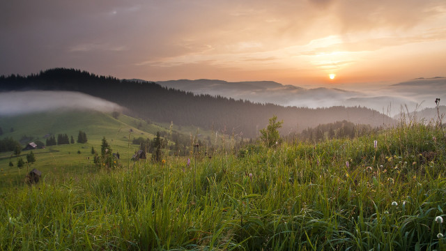 Mountain sunset field clouds landscape free wallpaper - medium preview image