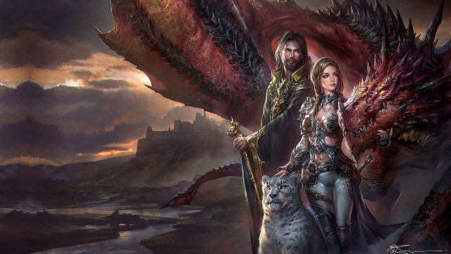 Man woman horse dragon castle free wallpaper - medium preview image