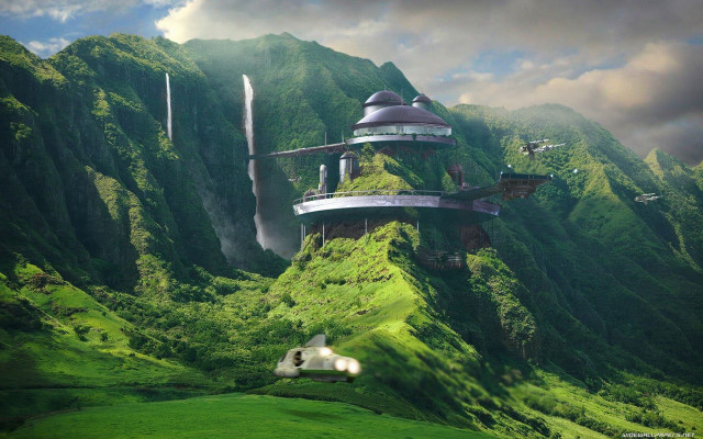 Green mountain waterfall house horse free wallpaper - medium preview image