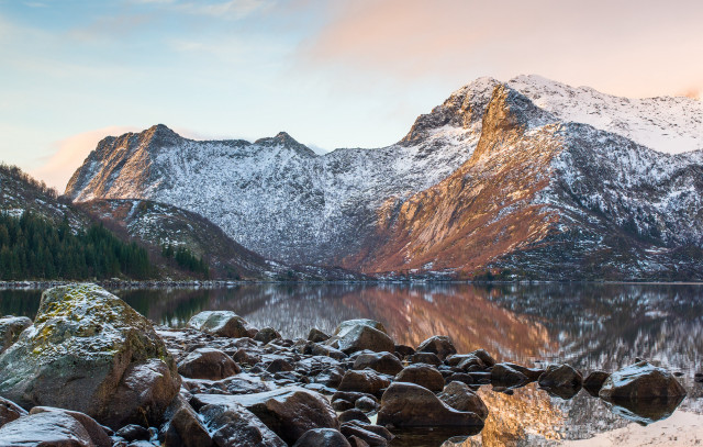 Mountain range lake rocks snow free wallpaper - medium preview image