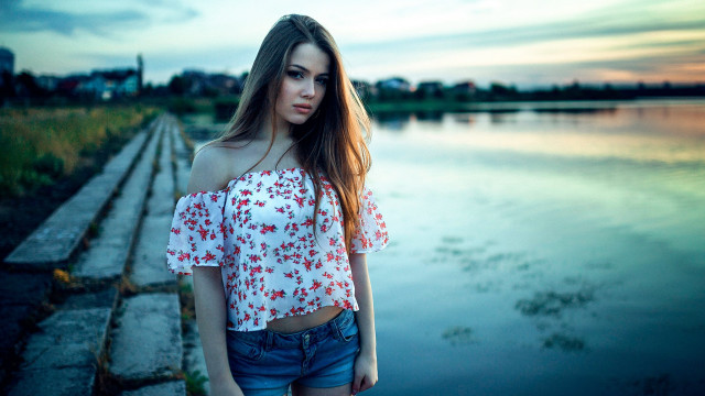 Woman beach sunset blowing hair free wallpaper - medium preview image