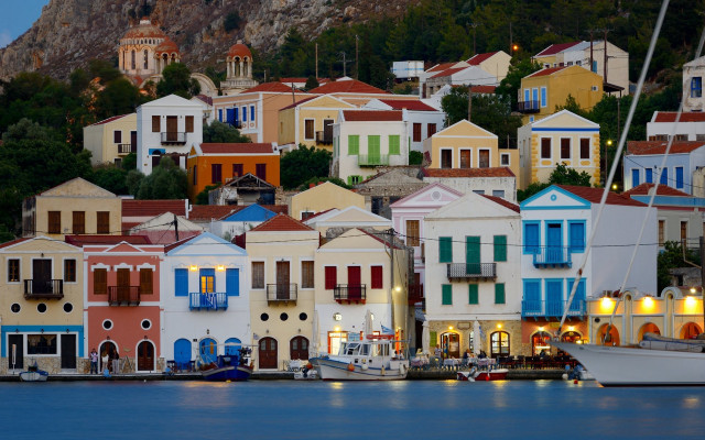 Buildings lake hillside trees bushes free wallpaper - medium preview image