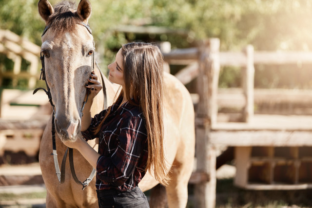 Woman horse stable blurry bokeh free wallpaper - medium preview image