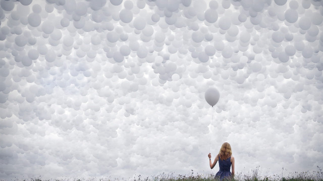 Woman blue dress white balloon free wallpaper - medium preview image
