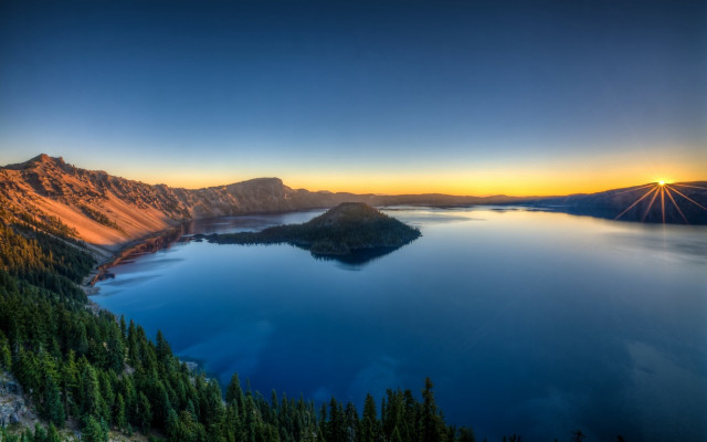 Lake mountains sunset trees reflection free wallpaper - medium preview image