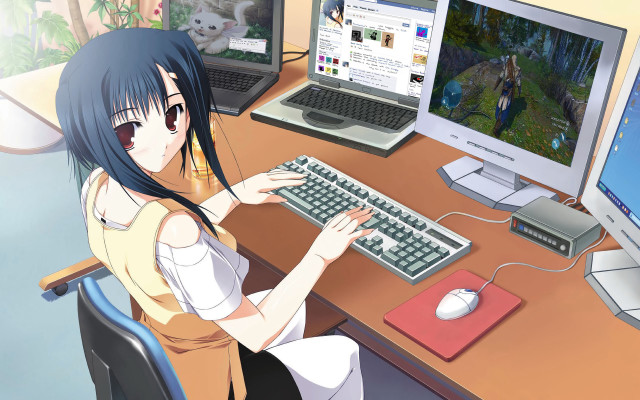 Girl sitting desk keyboard mouse free wallpaper - medium preview image