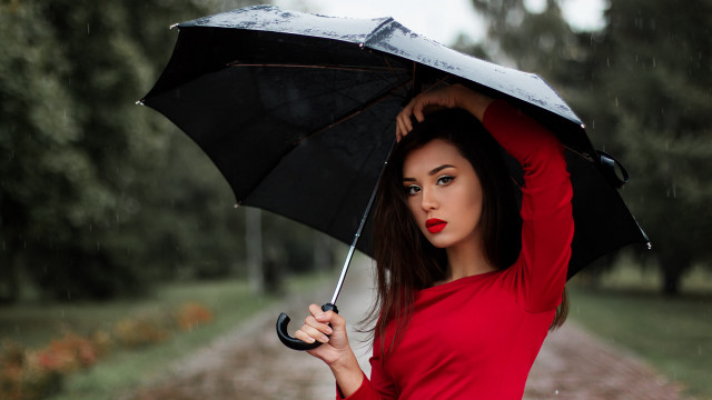 Woman red shirt umbrella rain free wallpaper - medium preview image