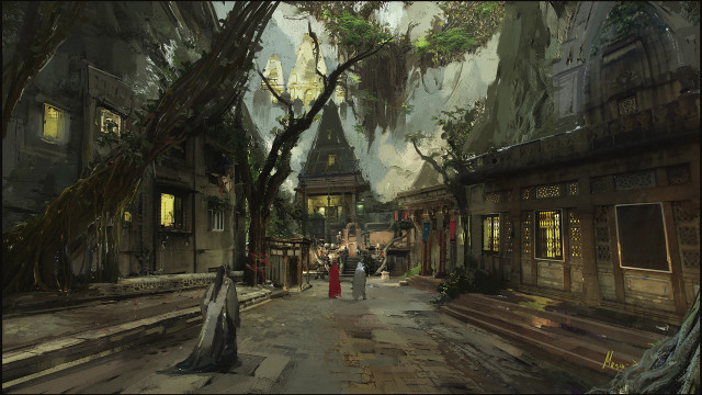 Fantasy street city clocktower eastasian free wallpaper - medium preview image