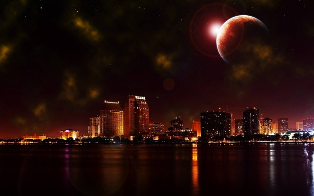 Red moon city skyline night free wallpaper - medium preview image