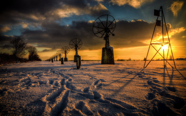 Snowy field windmills dusk landscape free wallpaper - medium preview image