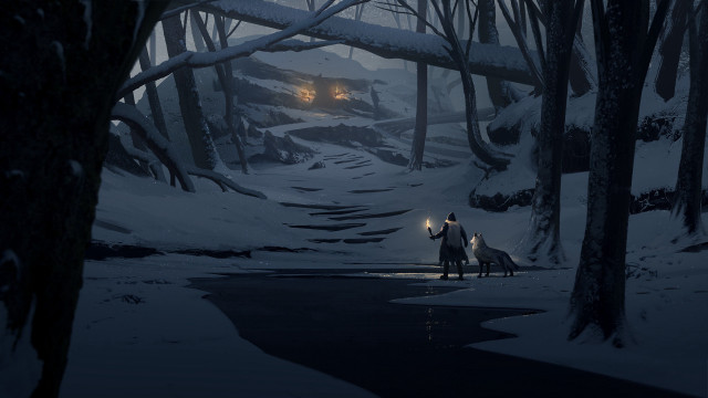 Man horse snowy forest night free wallpaper - medium preview image