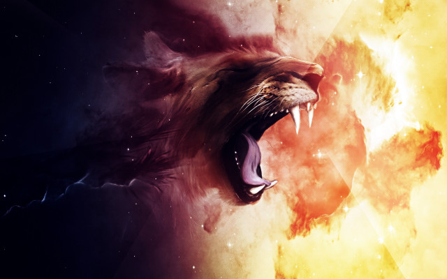Lion roaring space galaxy fire free wallpaper - medium preview image