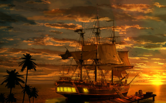 Ship ocean sunset palm trees free wallpaper - medium preview image