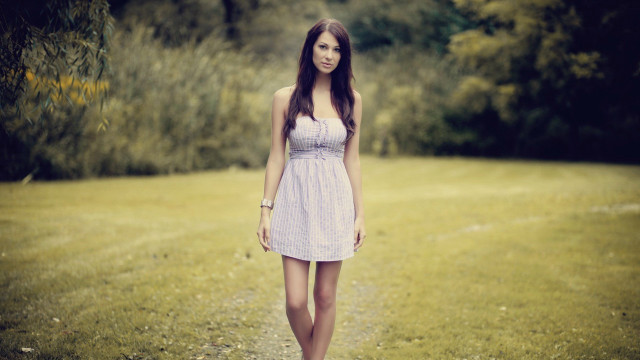 Woman dress field trees path free wallpaper - medium preview image