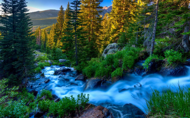 Mountain stream forest rocks sunset free wallpaper - medium preview image