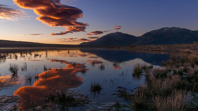 Lake mountains forest sunset fire free wallpaper - medium preview image