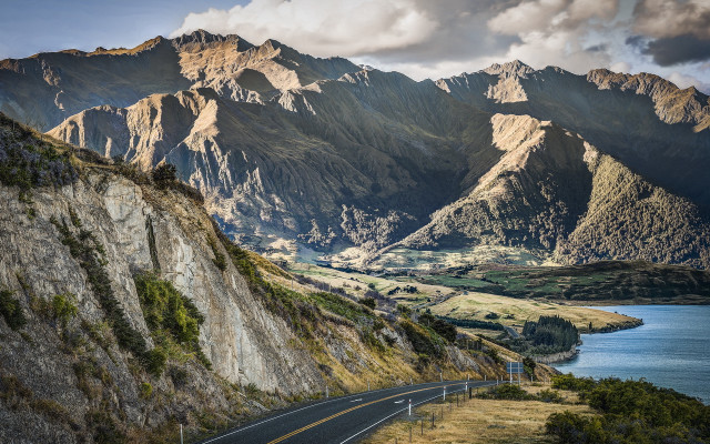 Valley road mountains lake waterfall free wallpaper - medium preview image