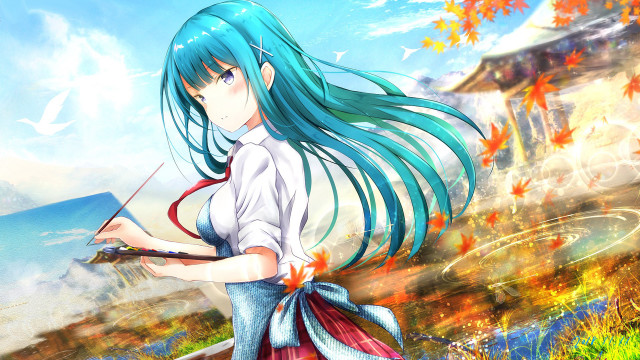Blue haired girl autumn leaves free wallpaper - medium preview image