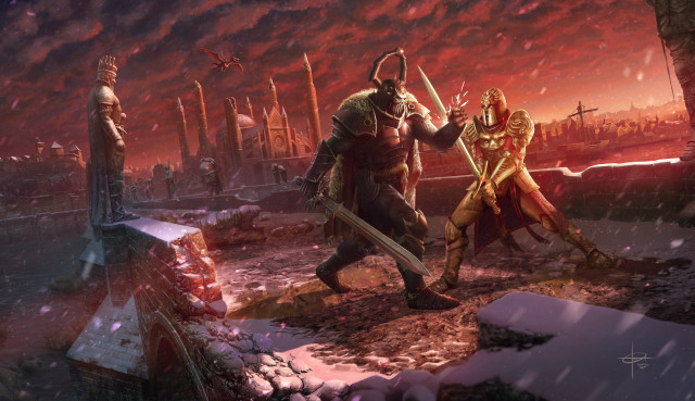 Snowy fight red sky armor free wallpaper for desktop - medium preview image