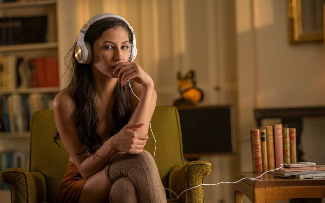 Aesthetic portrait woman headphones bookcase free wallpaper - medium preview image
