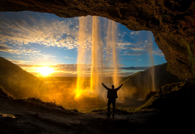 Cave sunset waterfall outdoors matte free wallpaper - medium preview image