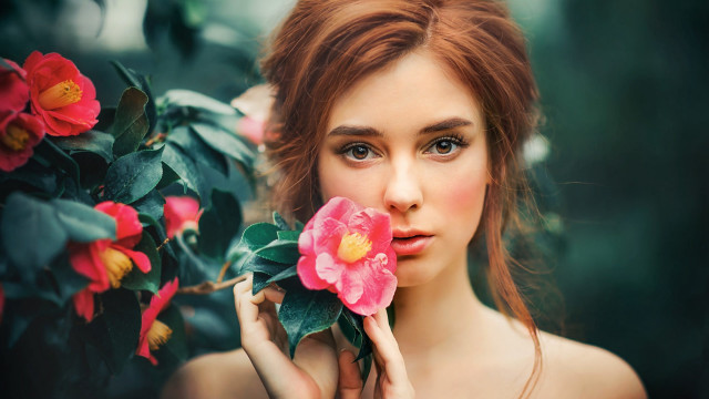 Woman holding rose portrait art free wallpaper - medium preview image