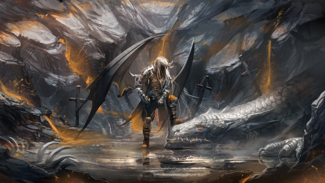 Man sword cave dragon back free wallpaper - medium preview image