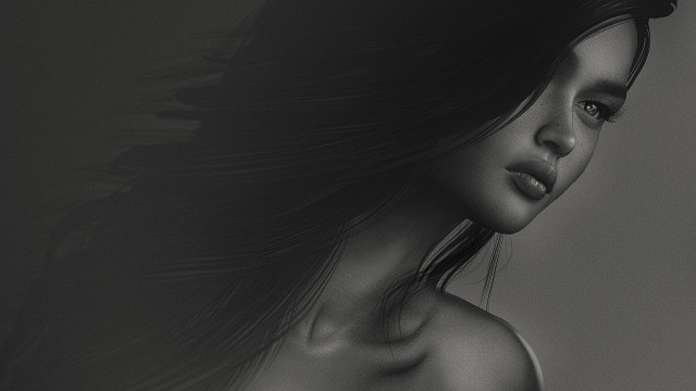 Woman longhair blackandwhite featheredtail realistic free wallpaper - medium preview image