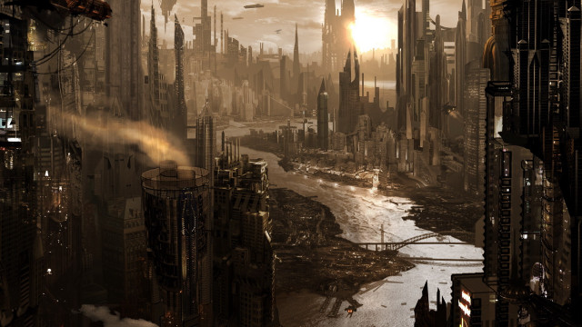 Futuristic city river bridge sky free wallpaper - medium preview image