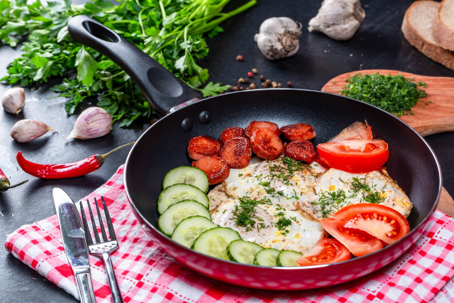 Vegetables meat pan table knife free wallpaper - medium preview image