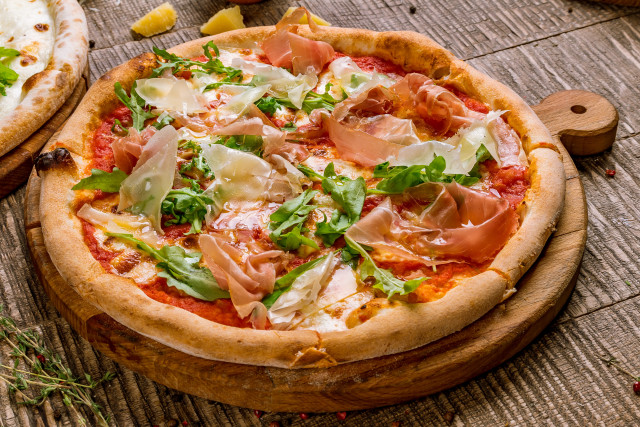 Pizza meat cheese vegetables wooden free wallpaper - medium preview image