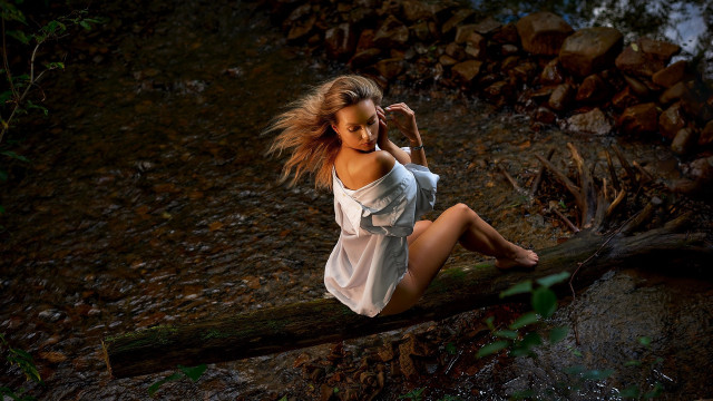 Woman forest blonde dress sitting free wallpaper - medium preview image