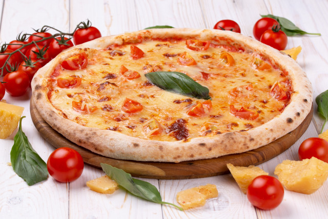 Pizza tomatoes cheese basil wooden free wallpaper - medium preview image
