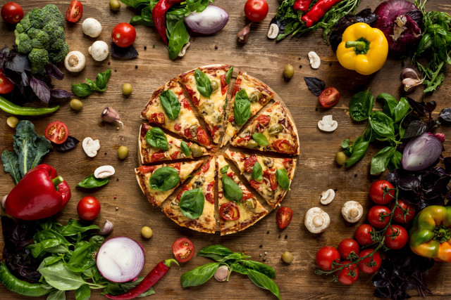 Pizza toppings vegetables herbs food free wallpaper - medium preview image