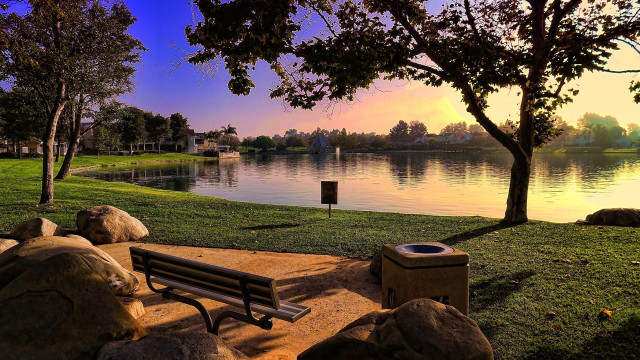 Lake sunset bench autumn trees free wallpaper - medium preview image