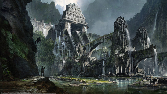 Fantasy waterfall man forest castle free wallpaper - medium preview image
